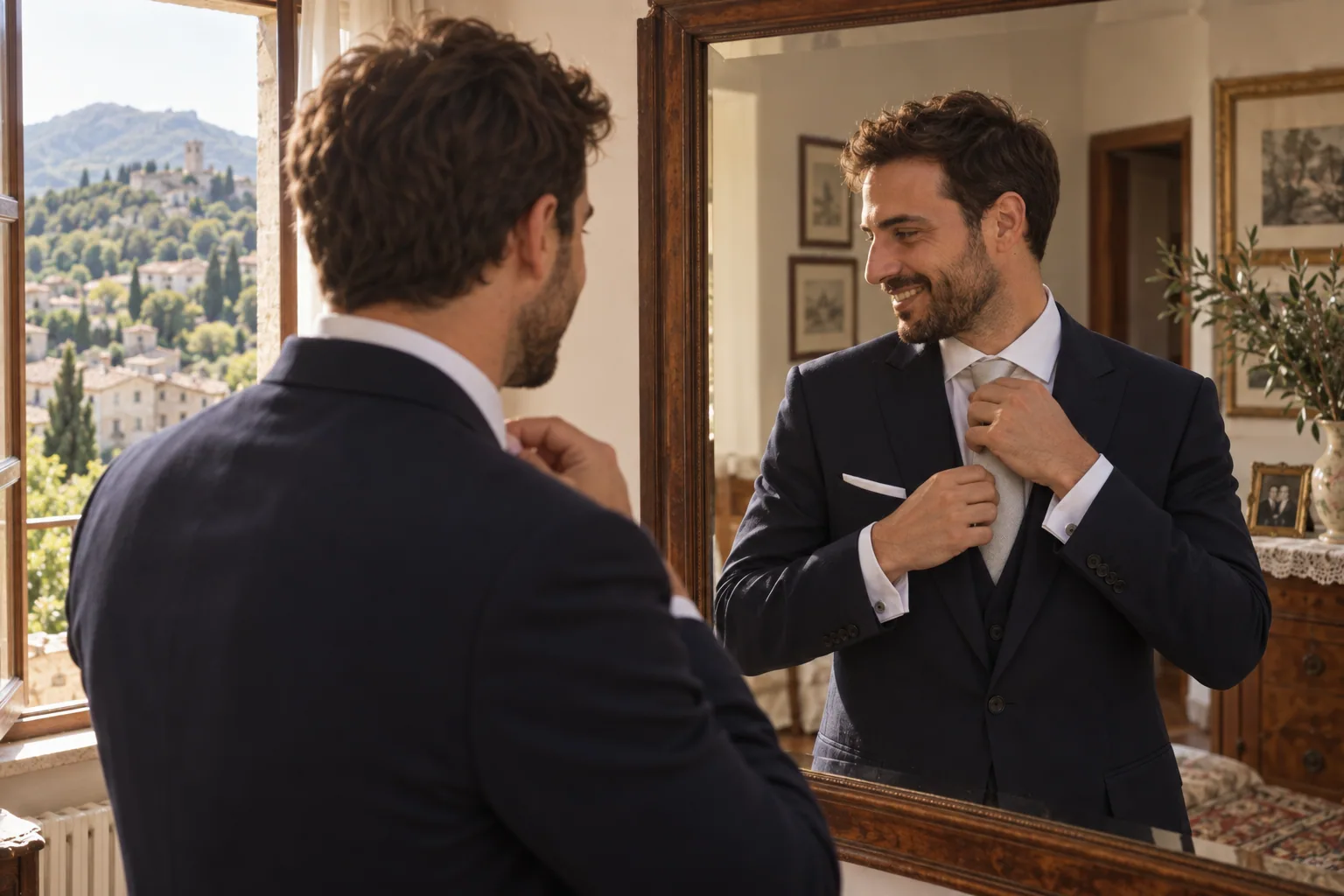 Marco si sistema prima della cerimonia
