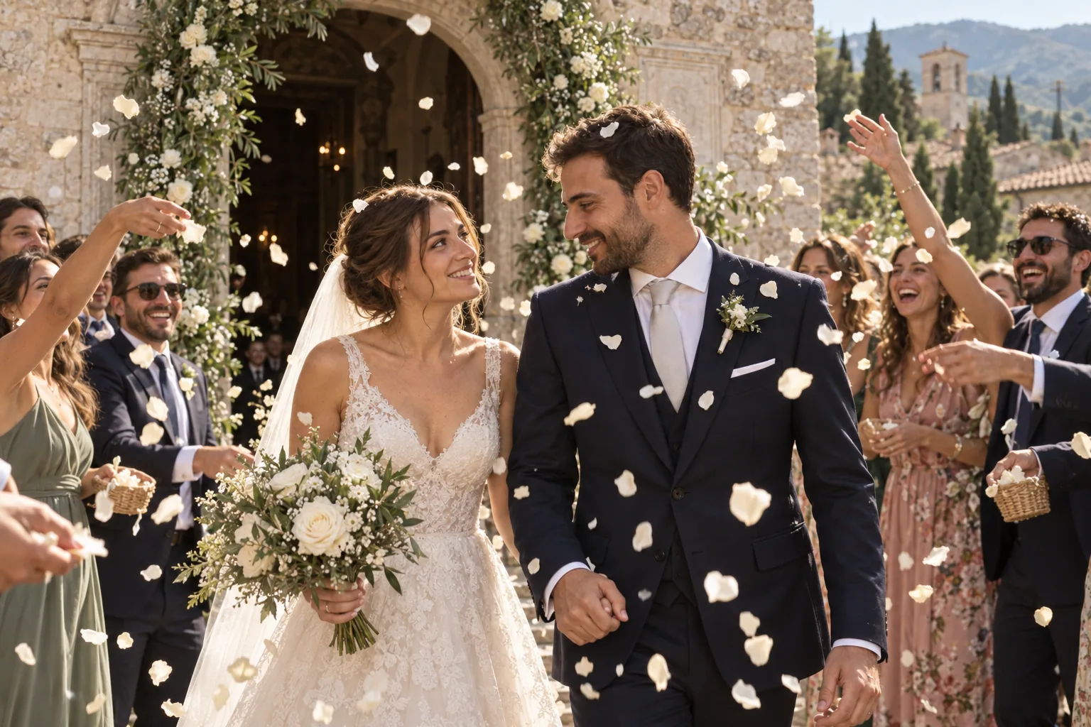 Sonia e Marco accolti dagli invitati e dai petali