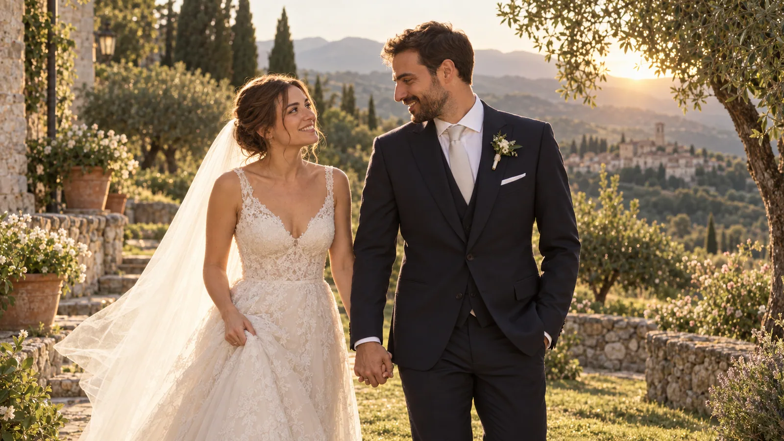Sonia e Marco insieme nella luce del tramonto